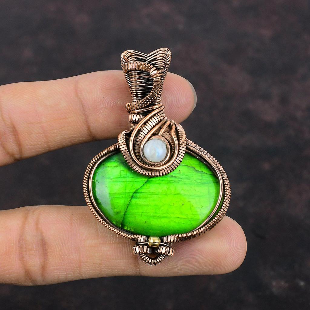 Зеленый огненный лабрадоритовый кулон, медная проволока, обернутая кулоном, радужным лунным камнем, медные украшения, кулон из драгоценного камня ручной работы, подарок для женщин