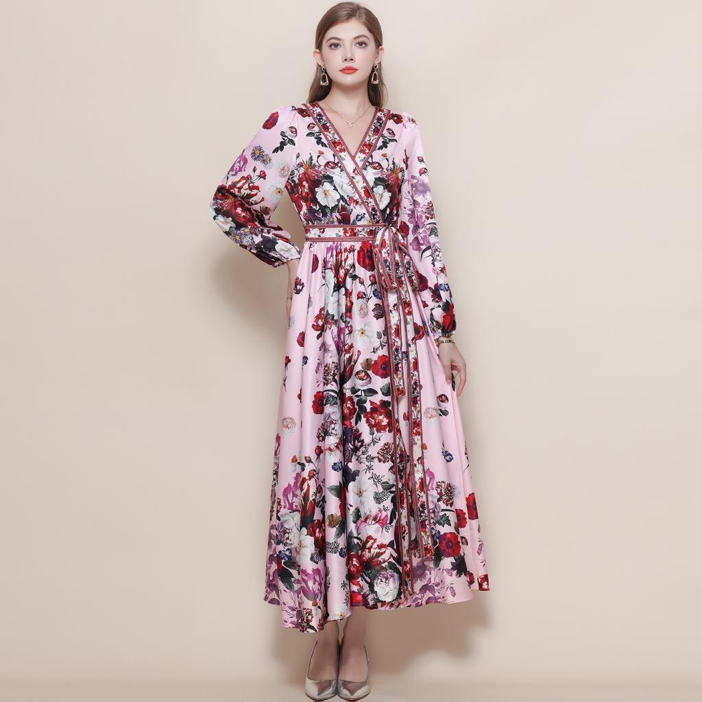 Весенние Винтажные Цветочные Макси-Платья для Женщин Подиумные Скрещенный V-образный Вырез Длинный Рукав-Фонарик Пояса Пляжное Праздничное Платье Бохо Халат