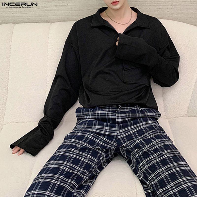 INCERUN Мужские футболки оверсайз с лацканами, длинным рукавом, однотонные, свободные, повседневные