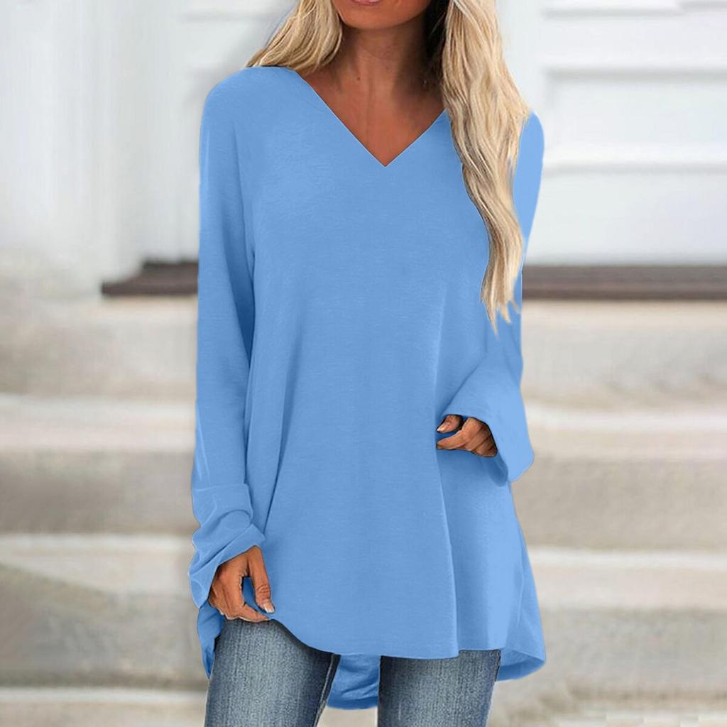 Women's Fashion Casual T-shirt Solid Color Long Sleeve V-neck Medium Long Top