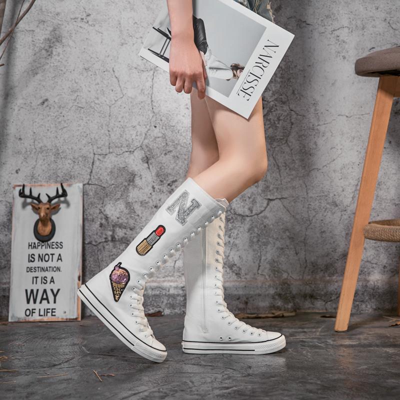 Весенне-осенние женские ботинки, парусиновые сапоги до середины икры, повседневная обувь с высоким берцем, длинные сапоги, удобные ботинки на плоской подошве со шнуровкой, размер 34-43