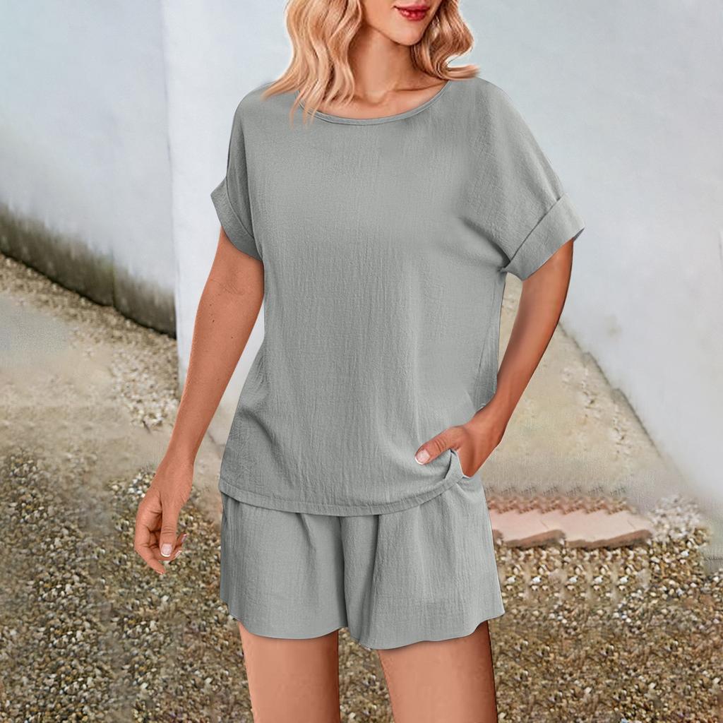 Women's Fashion Solid Color Casual Set Loose Round Neck Top Shorts Two Pieces