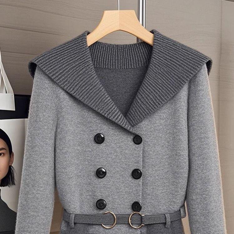 Осень/Зима 2025 Высококлассный Шикарный Серый Свитер и Синяя Миди-юбка Комплект