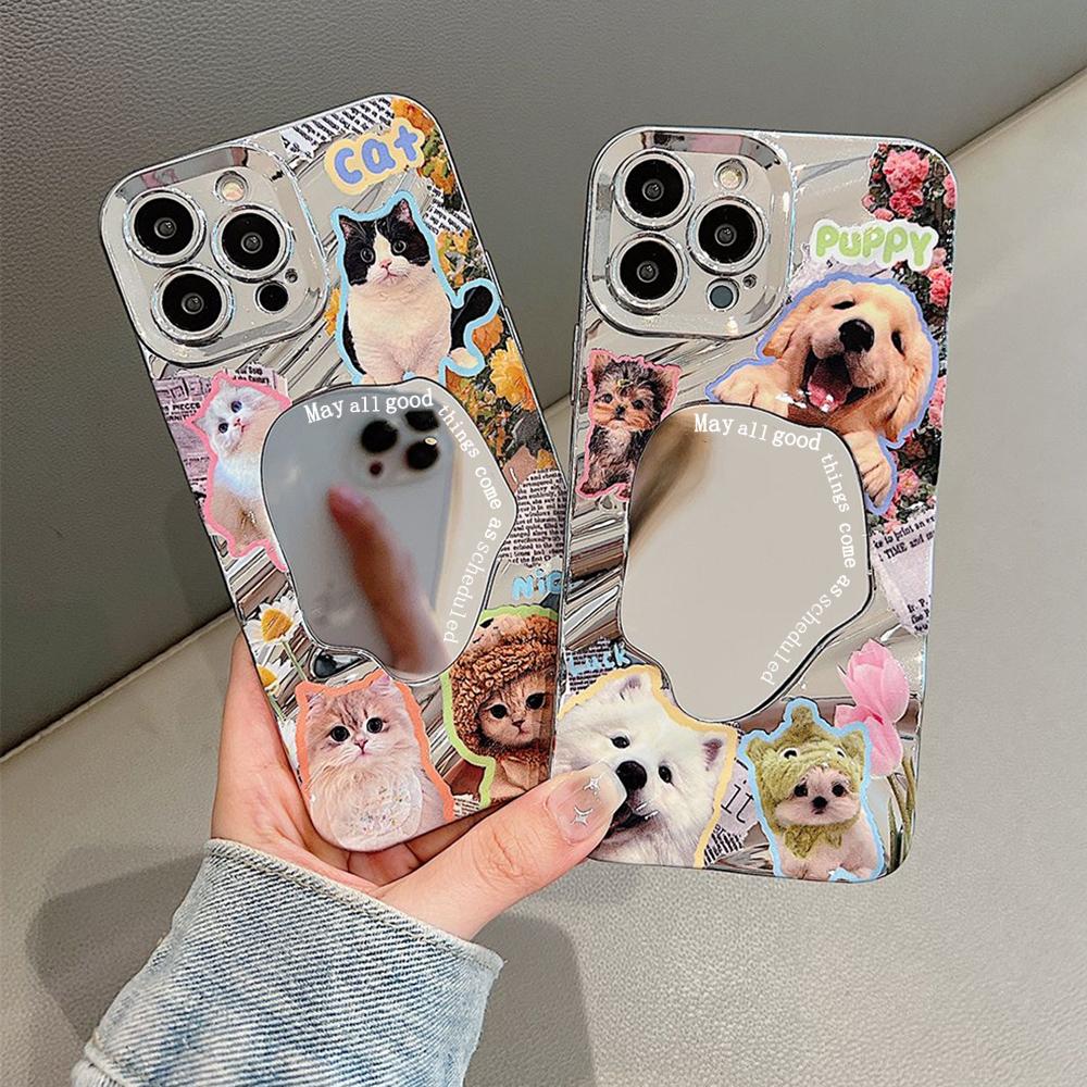 Роскошный чехол для телефона Make UP Mirror Wave для iPhone 13 11 16 Pro Max 14 15 12 16promax 15promax с рисунком собак, кошек и животных