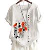 Womens Floral Print Cotton Casual Top with 6 Patterns, Round Neck, Short Sleeves, Button Embellishments