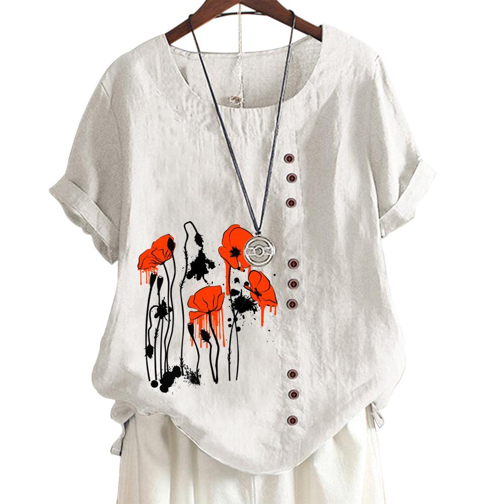 Womens Floral Print Cotton Casual Top with 6 Patterns, Round Neck, Short Sleeves, Button Embellishments