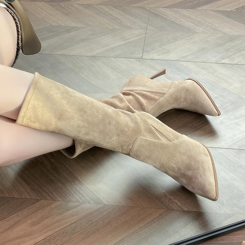 Khaki boots women's autumn and winter temperament suede stiletto pointed high heels short boots medium tube stacking boots