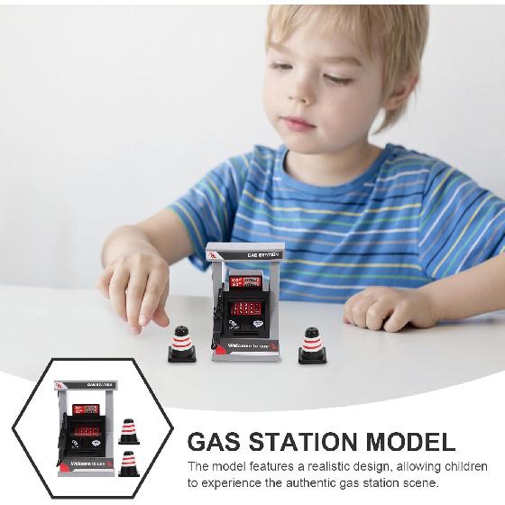 Kids Toy Miniature Gas Station Model Playset with 2 Roadblocks,Little Gas Station Pump Toy Simulation Play for Boy Childrens Pretend Game DIY Play