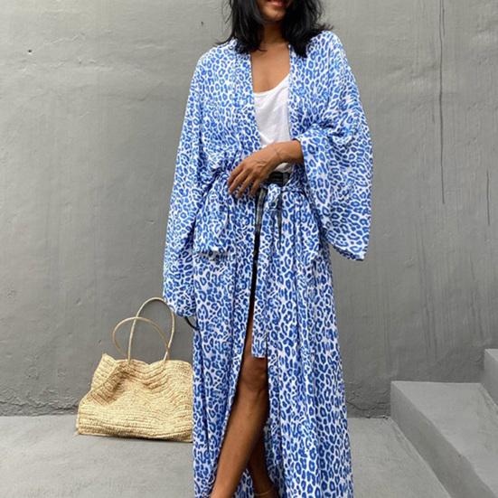 Long Robe Strapless Skin-friendly Blue Vintage Oversize Leopard Pattern Cardigan Shopping