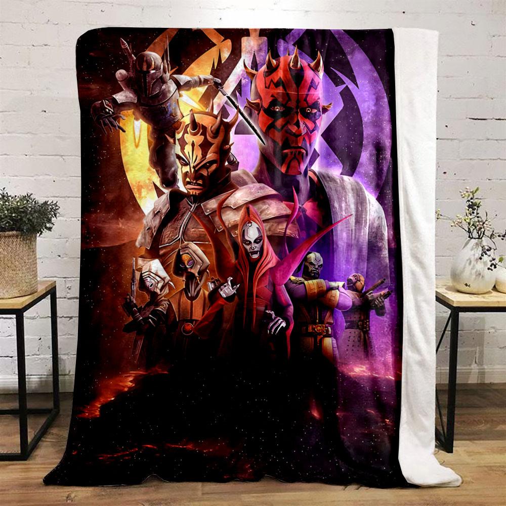 The pattern depicts dark, armored characters with glowing, ominous elements. for all seasons blanket lunch break throw gift