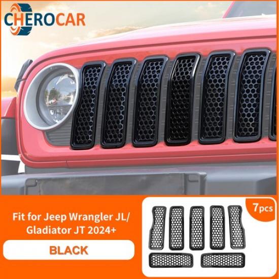 7PCS Black Front Grille erts Mesh Grill Frame Trim for Jeep Wrangler JL 2024+