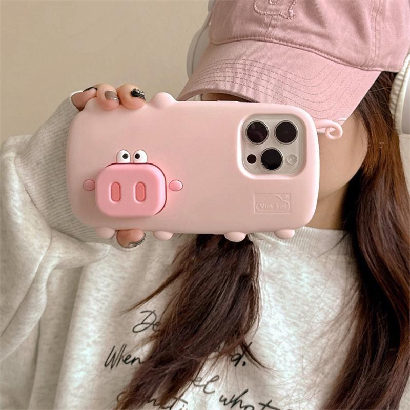 Забавный Милый Розовый Свинья Складной Держатель Стенд Чехол Для iPhone 16 Pro Max 15 13 14 Мягкий Силикон Мультяшная Задняя Крышка Телефона