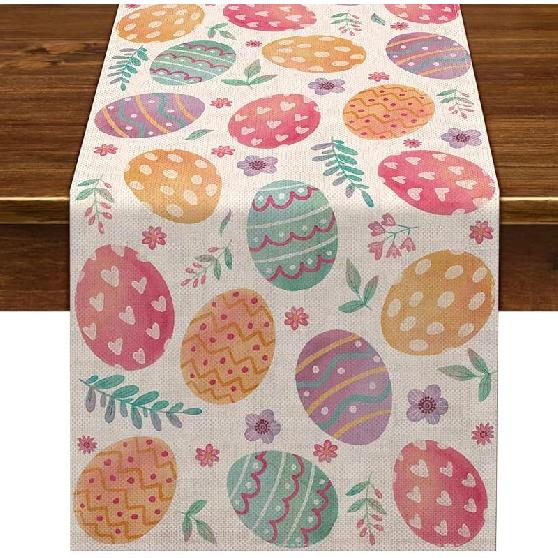 Nepnuser Linen Happy Easter Table Runner Spring Easter Egg Decoration Farmhouse Home Restaurant Kitchen Table Decoration(33.02 cm x 182.88 cm)