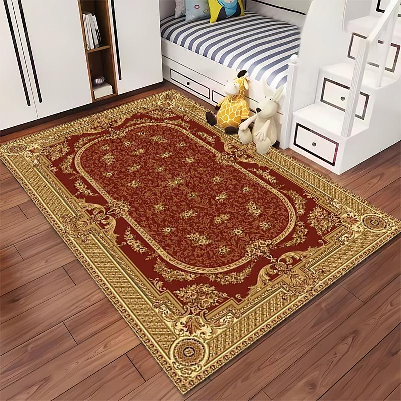 Elegant Red and Gold Baroque Style Rug Non-slip rug suitable for living room and bedroom sofas