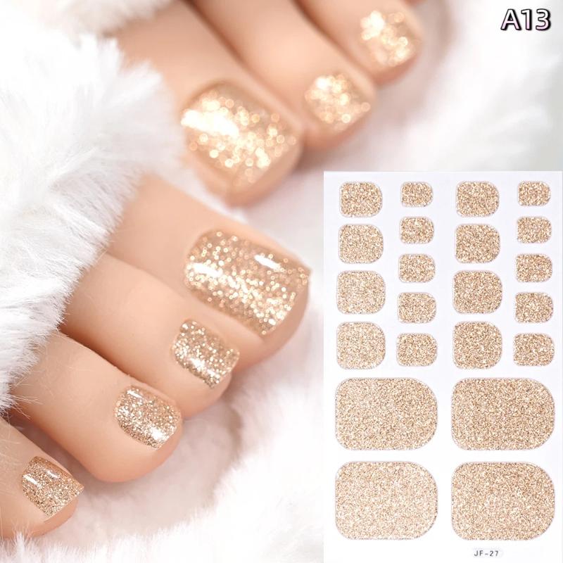 22Pcs/Sheet Toe Nail Sticker Wraps Solid Color Glitter Full Cover Toenail Polish Strips Waterproof No Bake Nail Decals