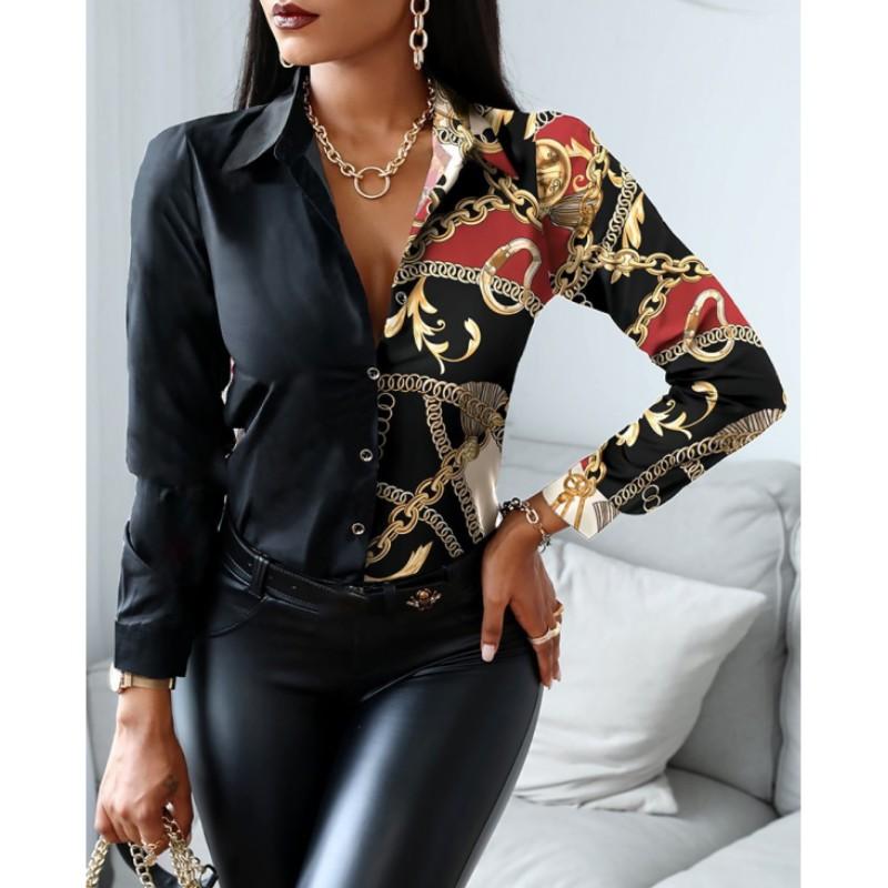 Women's Autumn Long Sleeved V-neck Color Blocked Retro Style Shirt, Loose and Elegant Casual Top