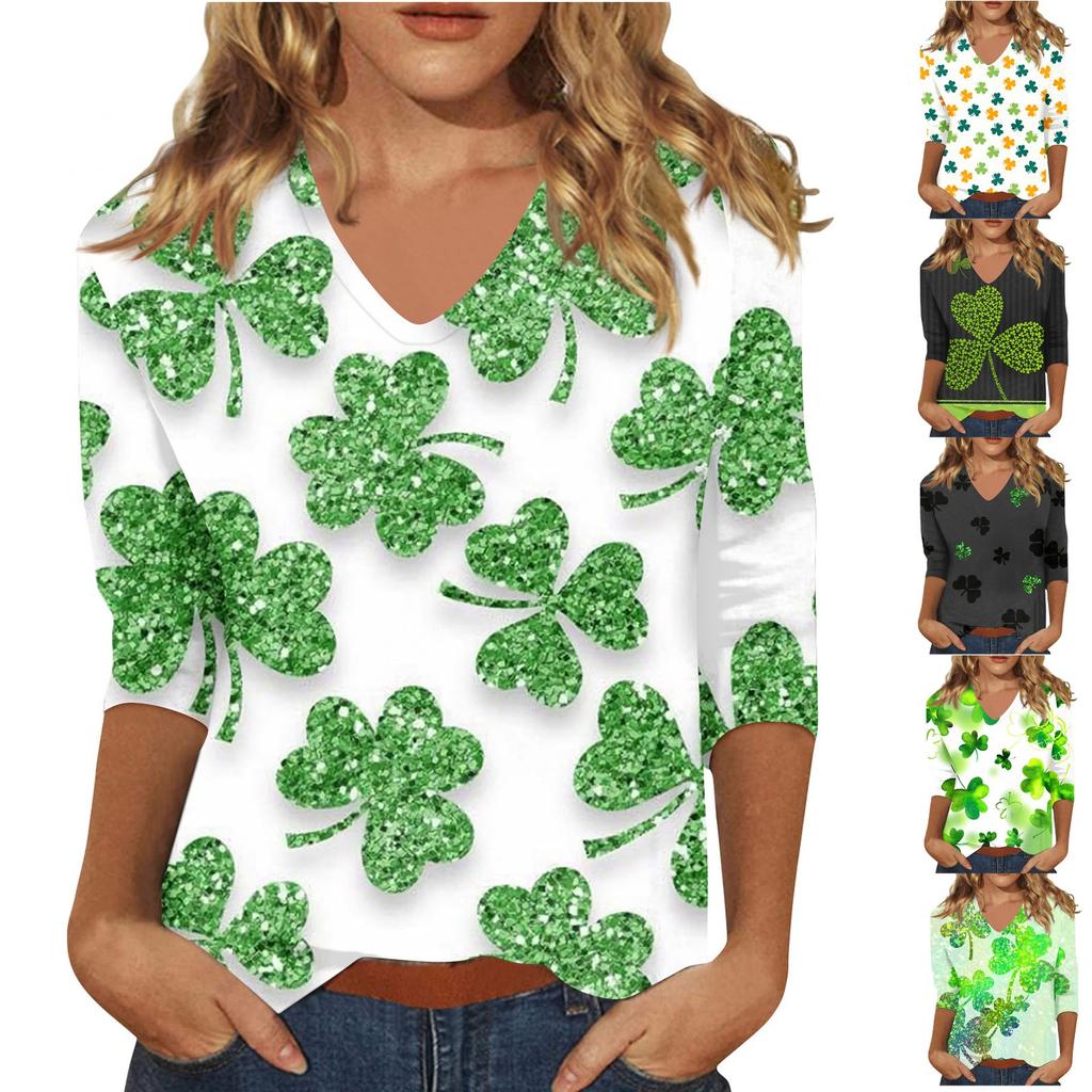 Женская мода на каждый день Повседневная футболка с v-образным вырезом и семиточечным рукавом с принтом Топ