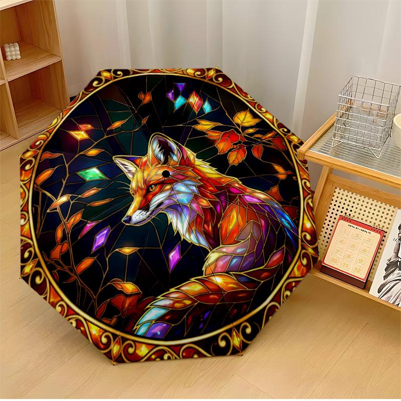 Stained Glass Fox (3) Printed umbrella windproof folding umbrella portable sun and rain umbrella suitable for gifting