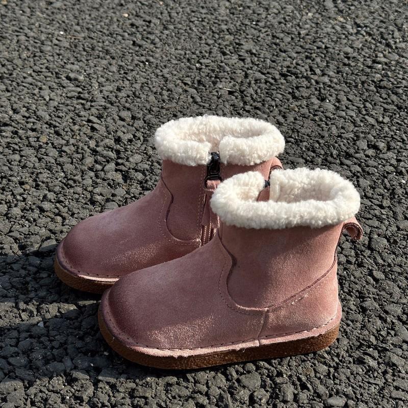 Kids Winter Snow Boots Boys Girls Genuine Leather Ankle With Faux Shearling Lining Warm Cotton Sole