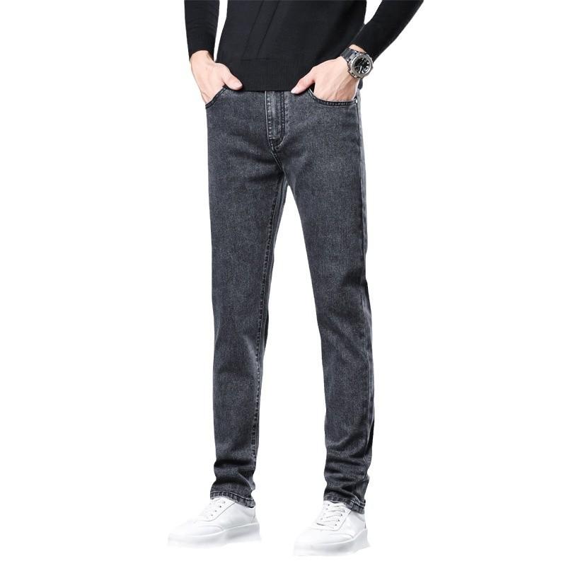 Осень и зима Новые мужские бархатные/обычные джинсы Slim Fit Small Straight Tube Средняя талия Эластичные черные удобные мягкие мужские