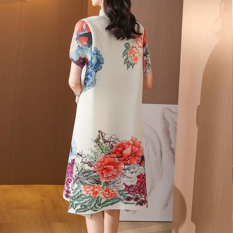Плиссированное платье в китайском стиле с короткими рукавами и принтом, женское новое летнее летнее платье с воротником-стойкой и пряжкой, женская возрастная юбка