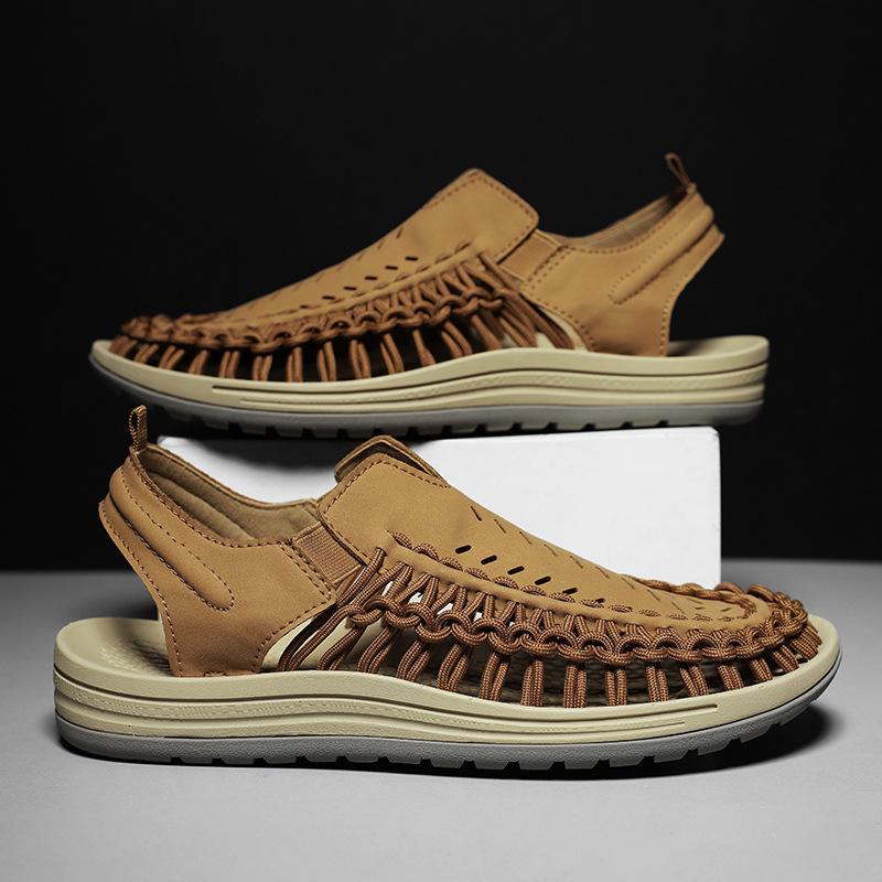 Sandals men's 2026 hollow breathable beach shoes men's woven personalized soft sole one-pedal men's shoes
