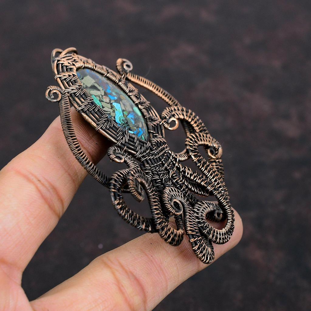 Подвеска из меди, азурита и малахита, подвеска из медной проволоки с драгоценным камнем, дизайнерское ювелирное изделие из меди, подвеска в виде осьминога, ювелирное изделие ручной работы, подарок для мамы