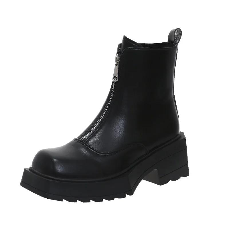Женские ботильоны на платформе из кожи с квадратным носком и средним каблуком, модная обувь 2025 года, массивные туфли-лодочки на молнии, зимние мотоциклетные ботинки-ботинки женские