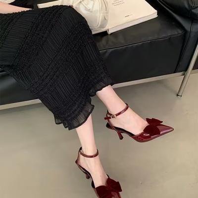 2025 новая упаковка сандалии с закрытым носком женские красные с острым носком и бантом на высоком каблуке на ремешке изящный каблук элегантные туфли-лодочки