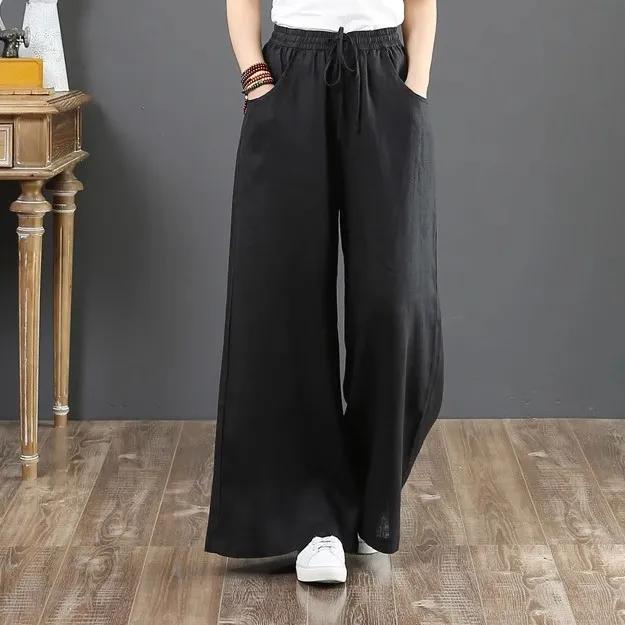 Весенние и летние женские хлопковые льняные свободные брюки с высокой талией, обтягивающие брюки, прямые брюки, льняные женские брюки