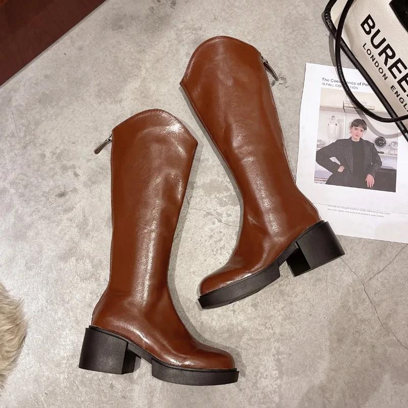 Fashion British Platform Leather Knee-high Boots for Women Fashion Increase Soft-soled Women's Shoes Designer Casual Knight Boots Female