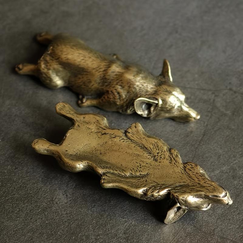 1pc Pure Copper Welsh Corgi Puppy Miniature Figurines, Solid Brass Dog Desktop Ornament Decoration Crafts, Paperweight Tea Pets