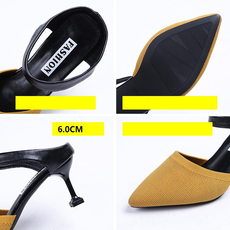 Острые тапочки, женские вязаные эластичные сетчатые туфли на высоком каблуке, разноцветные туфли для вечеринок, летняя обувь на тонком каблуке с мелкими шлепанцами, большой размер