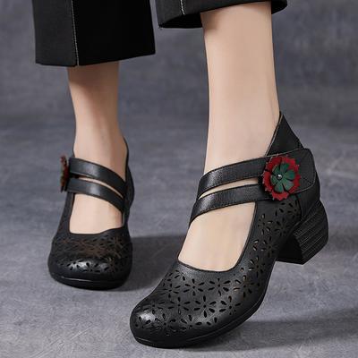 Мода GKTINOO 2025 Весна Модные Цветы Натуральная Кожа Туфли-лодочки Перфорация Толстый Каблук Ремешок Средний Каблук Мягкая Подошва Обувь для Мамы Сандалии