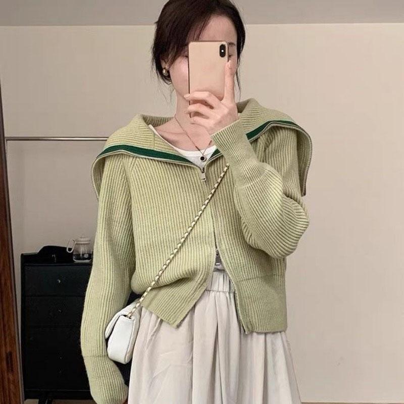 Женский свитер Design Sense с вырезом поло и молнией, кардиган, осень 2023, осень с длинными рукавами, трикотаж, свитер, кардиган, женские топы