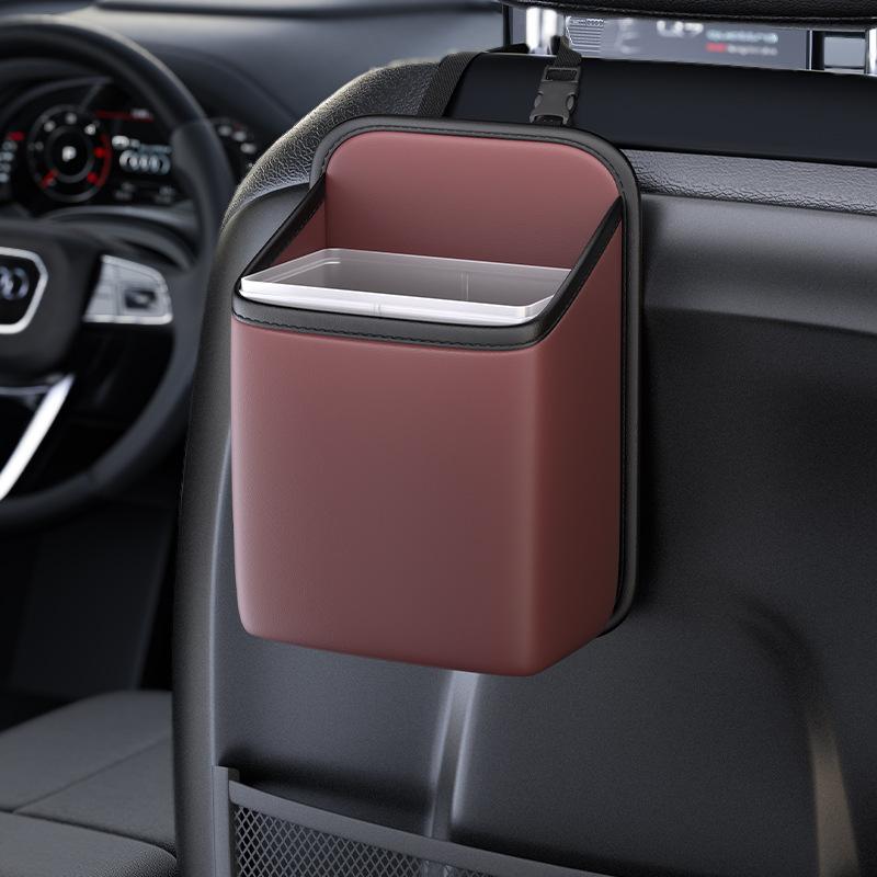 Car Trash Bin Leather Auto Seat Back Hanging Storage Box Bag Holder Rear Chair Trash Can Organizer Driver Side Pockets Garbage