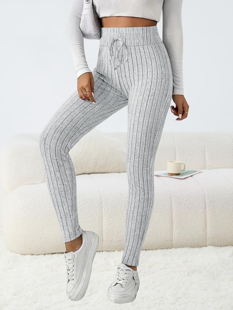 Women's Casual Pants with Ribbed Waistband High-Waisted Tie-Waist Warm Comfortable Tight-Fitting 9-Inch Pants for Home Use