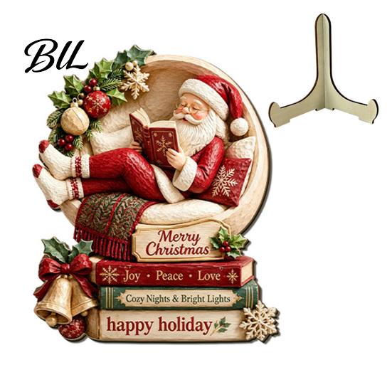 Xmas Home Ornament Christmas Wooden Table Sign, 2D Flat Santa Claus/Snowman Reading Desktop Festival Atmosphere Decor with Stand, Holiday Tabletop