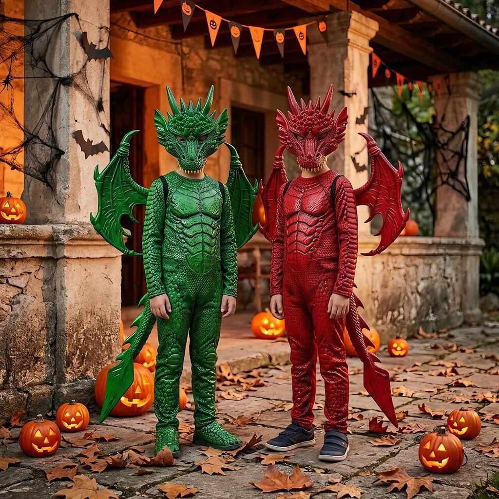 Kids Dragon Cosplay Costume Set Dragon Mask Wings Tail Kit Halloween Carnival Fancy Dress Cosplay Props for Children Party Role‑Play