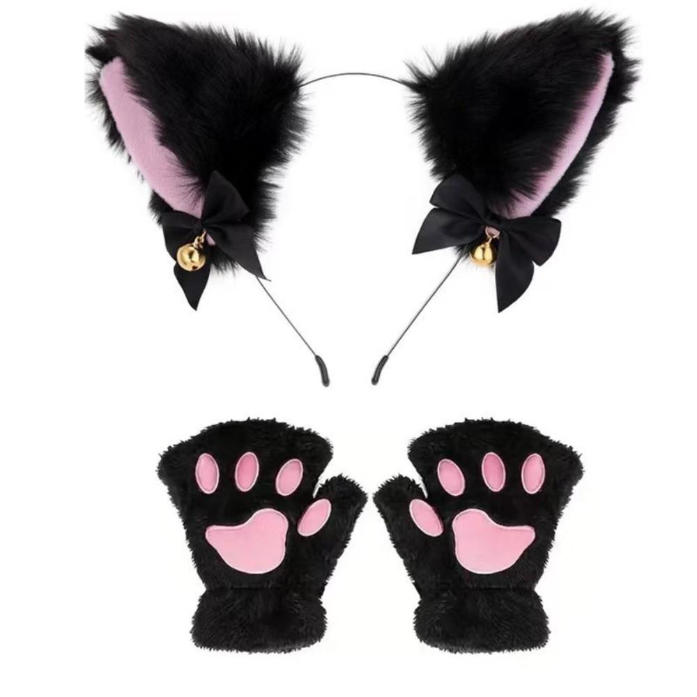 Cute Cat Woman Cat Ears Headband Set Bow Lolita Cosplay Headwear Plush Jk Halloween Dress Up Female Hair Accessories