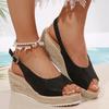 Модные сексуальные черные босоножки с открытым носком женские 2025 лето танкетка ремешок сзади туфли женские повседневные пеньковая подошва пляжные сандалии большой размер 43