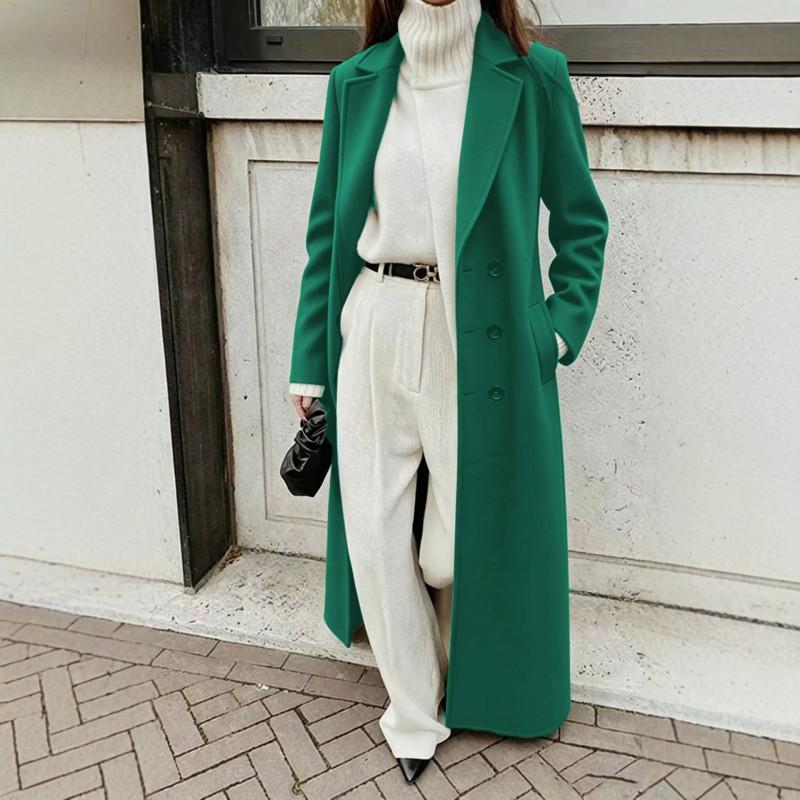 Womens Wool Blend Long Trench Coat With Notched Lapel Double Breasted Button Elegant Office Wear