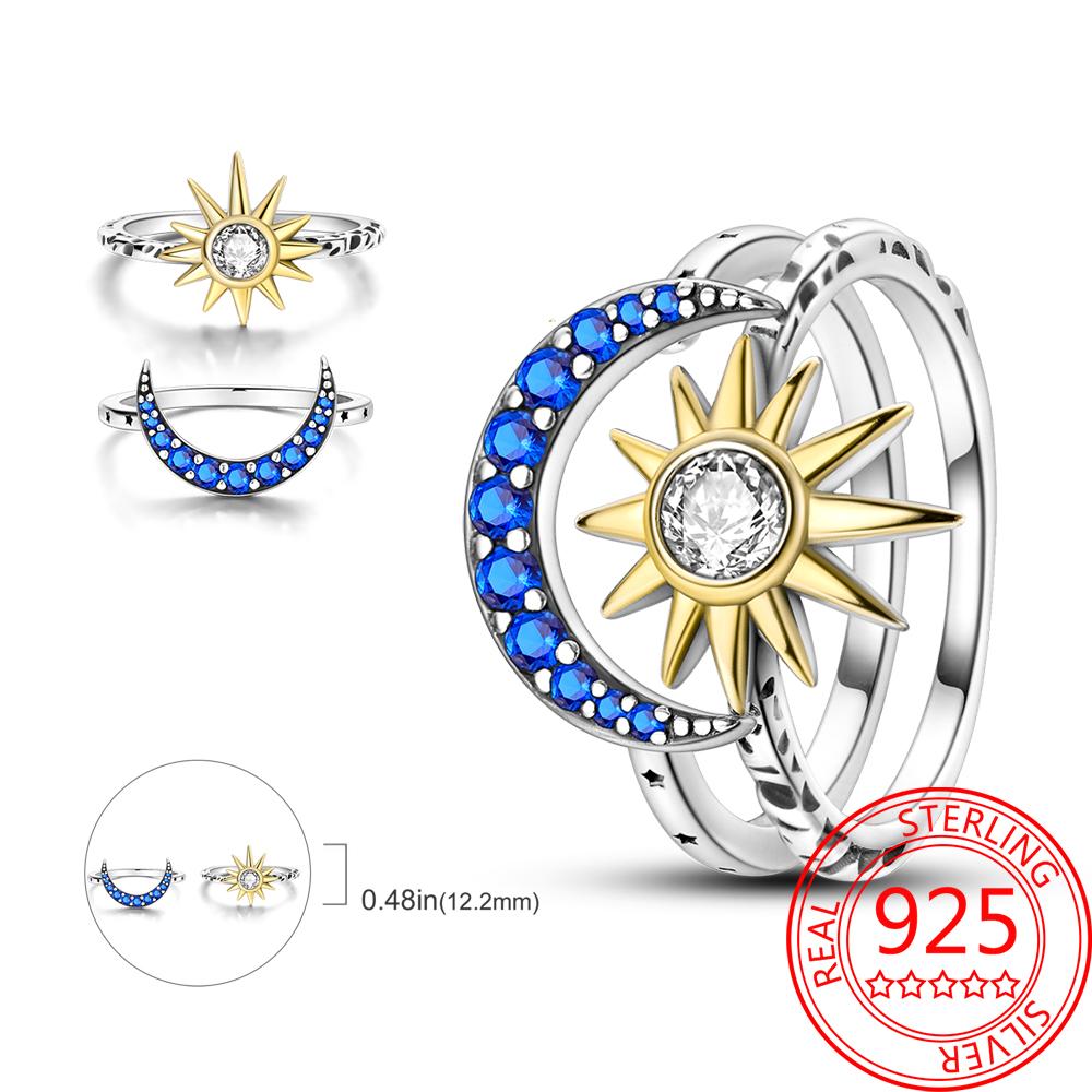 925 Silver Beautiful Stars and Moon Shining Sun Geometry Infinite Combination Ring Boutique Matching Gifts