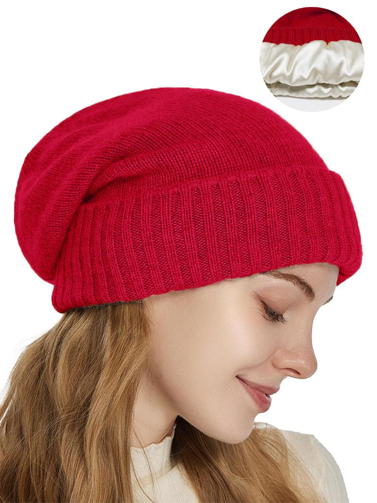 Женская зимняя шапка 100% чистая шерсть вязаная атласная подкладка 2 слоя мягкая теплая шапка для сна эластичная модная объемная лыжная шапка мужская