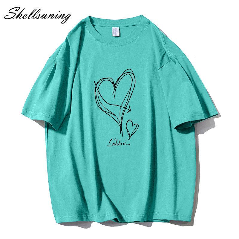 Shellsuning Kawaii футболки с принтом в виде сердца женские летние простые свободные футболки с круглым вырезом повседневные хлопковые женские топы на мягкой основе