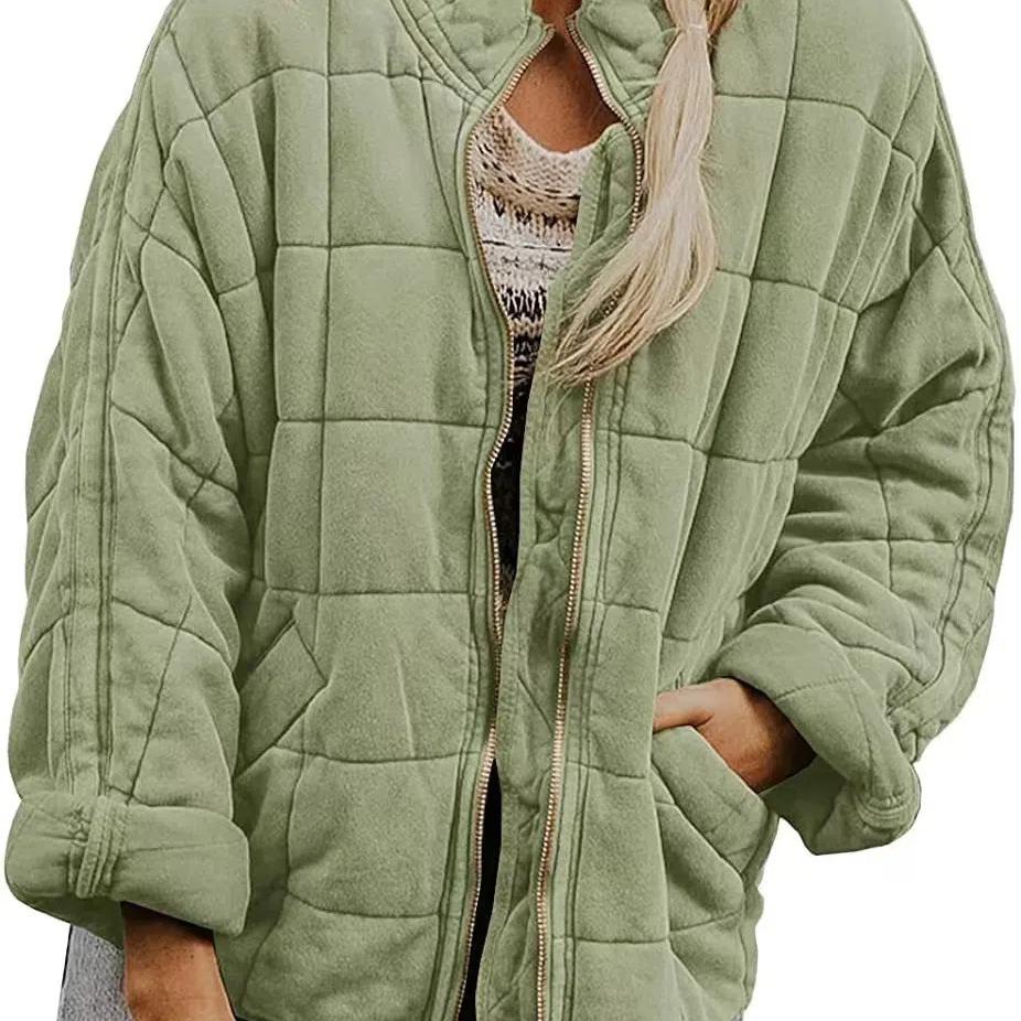 Women's Causal Lightweight Quilted Jackets Long Sleeve Oversized Warm Winter Zip Up Coat with Pockets