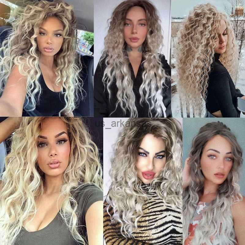 Ombre Ash Blonde Long Water Wave Natural Looking Dark Roots Synthetic Wigs for Women 80s Halloween Carnival Party Wig 28 Inches