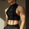 Men Summer High Neck Cutout Sleeveless Rib Casual Fitted Cropped Tank Tops