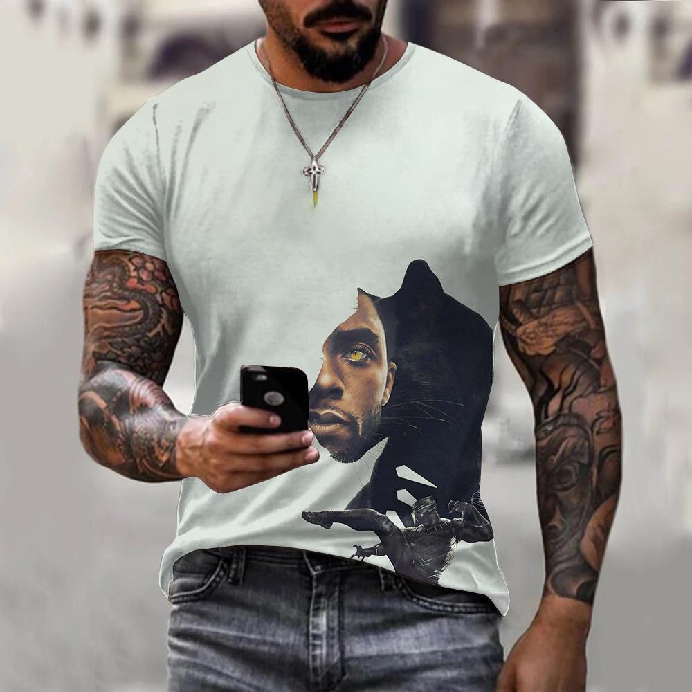 Round Neck 3D Marvel Black Panther Printed Casual Short Sleeved Men's T-shirts - Soft Medium Stretch Polyester Fabric Summer Relaxed Fit Clothing