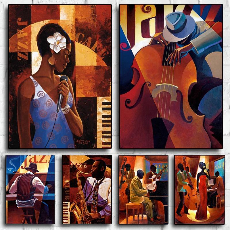 Vintage Jazz Musician Saxophone Violin Poster and Prints Canvas Painting Wall Art Pictures Modern Cafe Bar Home Decor Gift